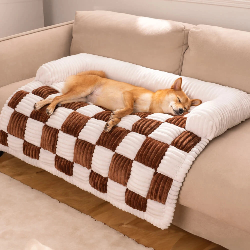 Cosy-Checkered Plush Dog Bed Sofa Protector with Bolster | For Smaller Dogs & Cats 13