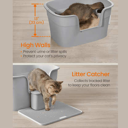 High-Sided Semi-Enclosed Cat Litter Box with Spill-Board & Waste Bag Storage Tub | Scoop Included