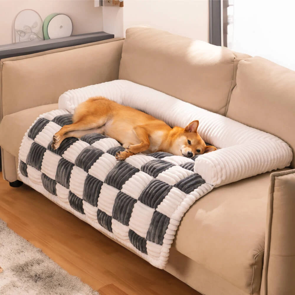 Cosy-Checkered Plush Dog Bed Sofa Protector with Bolster | For Smaller Dogs & Cats 8