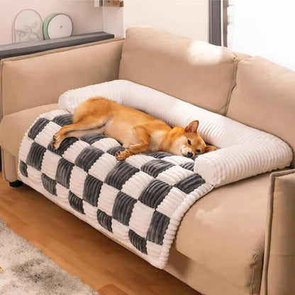 Cosy-Checkered Plush Dog Bed Sofa Protector with Bolster | For Smaller Dogs & Cats 8