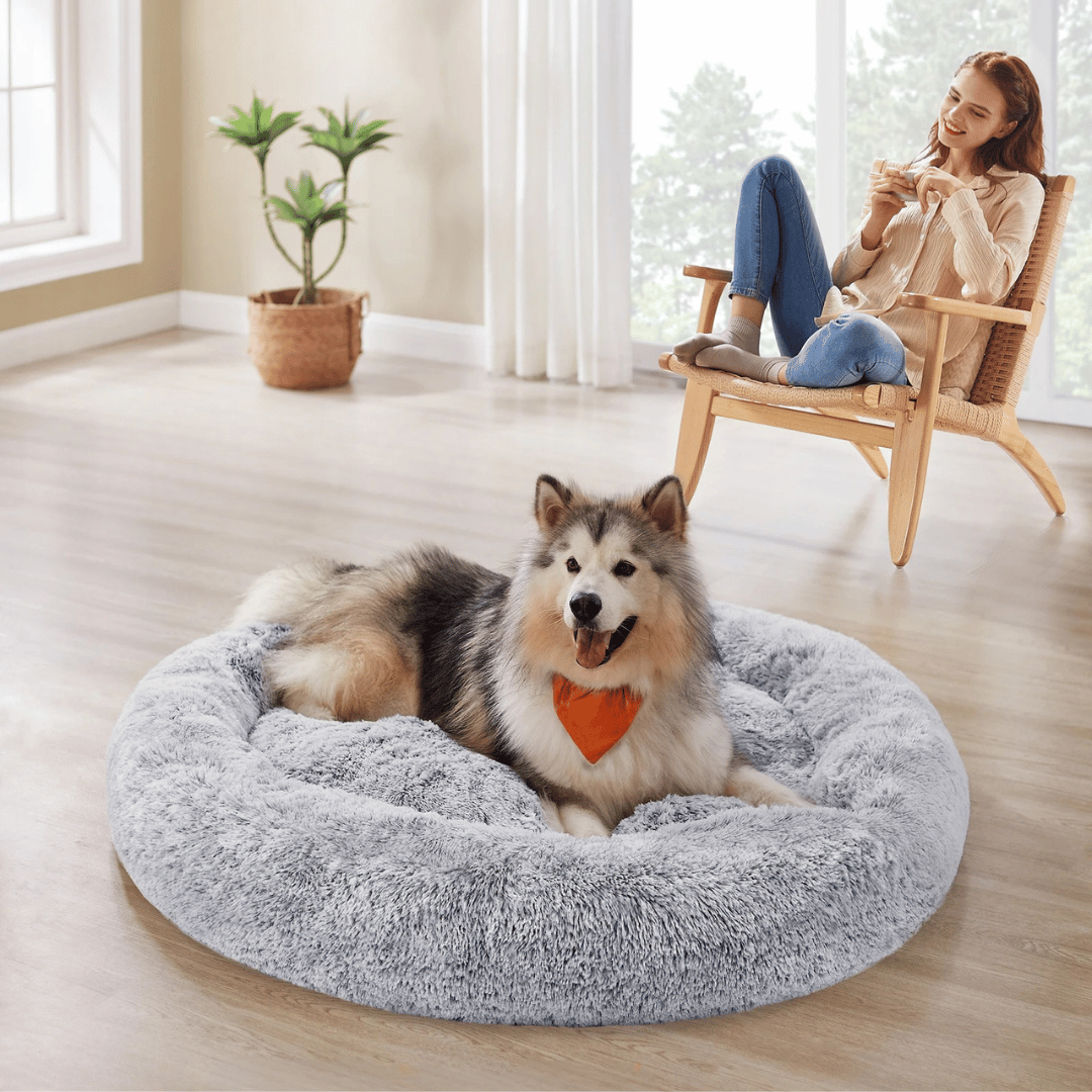 Giant 3XL Furry Plush Donut Dog Bed for Extra Large Dog Breeds with Washable Cover 2
