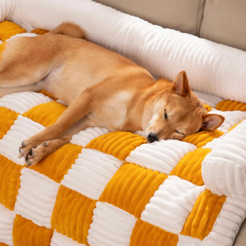 Cosy-Checkered Plush Dog Bed Sofa Protector with Bolster | For Smaller Dogs & Cats 12