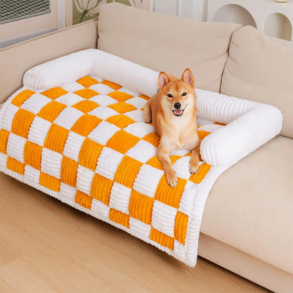 Cosy-Checkered Plush Dog Bed Sofa Protector with Bolster | For Smaller Dogs & Cats 7