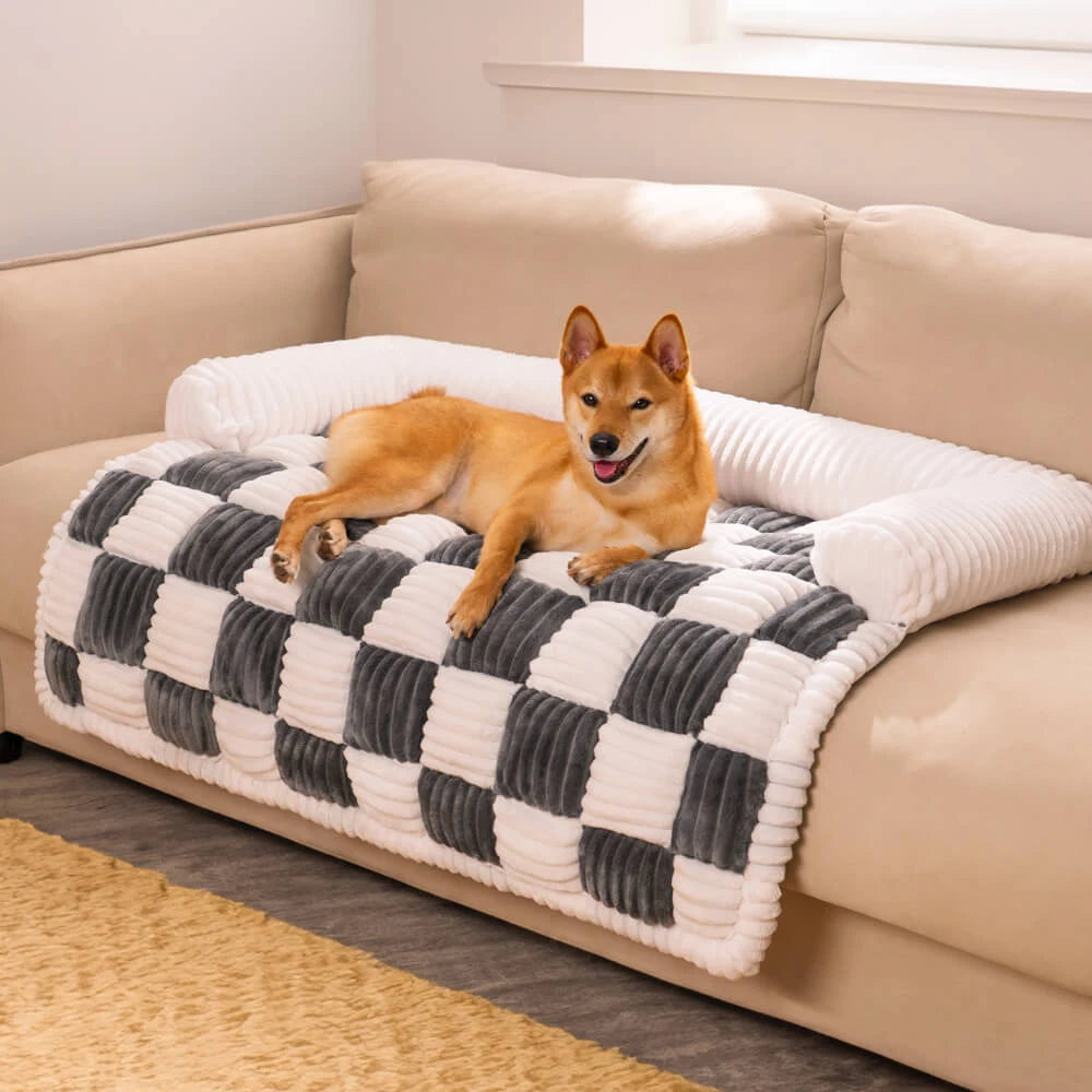 Cosy-Checkered Plush Dog Bed Sofa Protector with Bolster | For Smaller Dogs & Cats 2