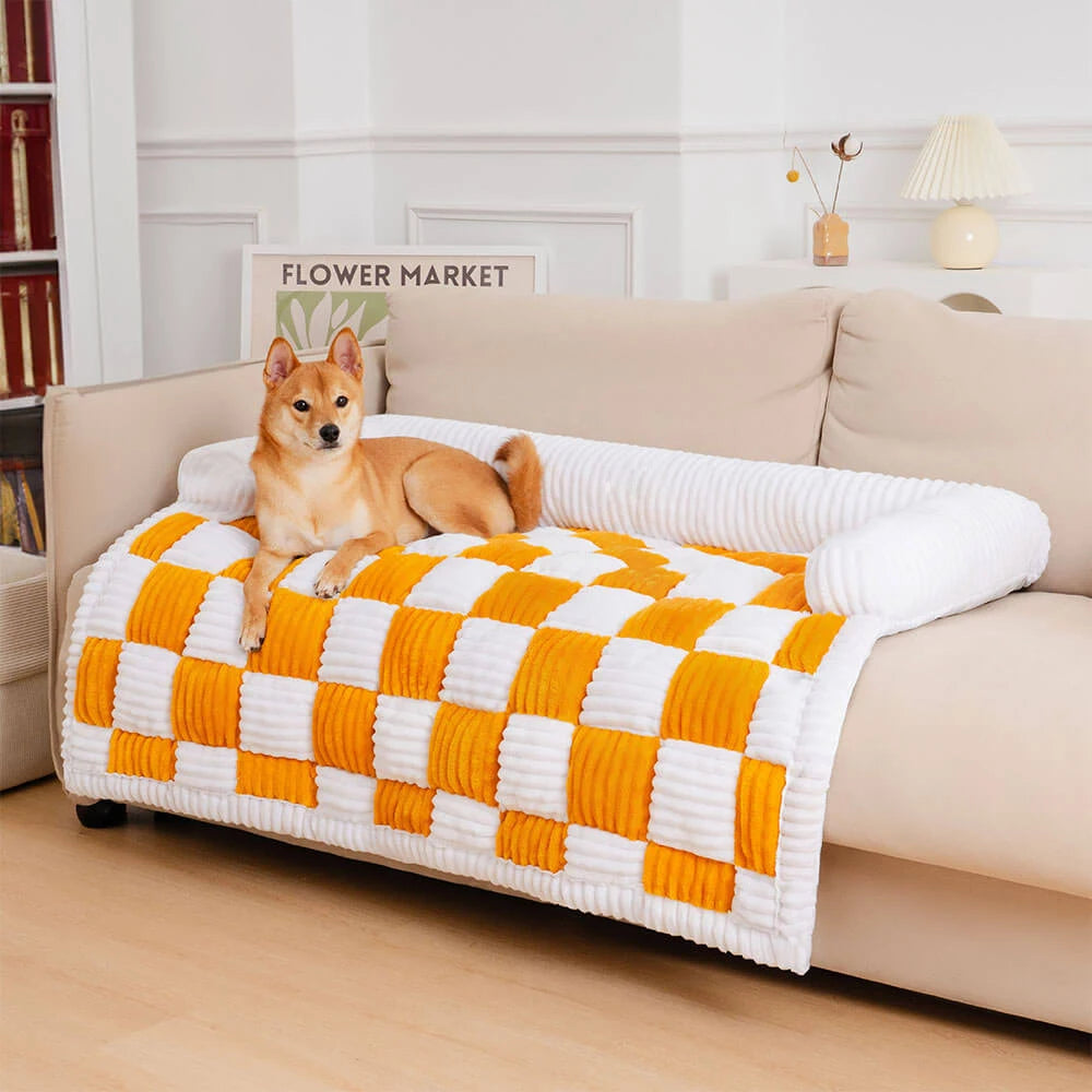 Cosy-Checkered Plush Dog Bed Sofa Protector with Bolster | For Smaller Dogs & Cats 6