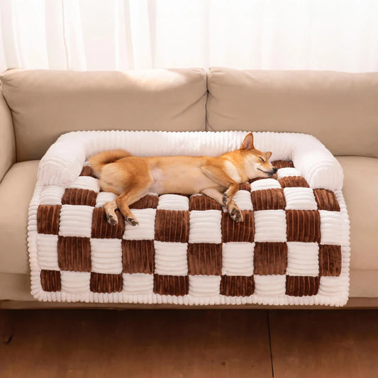Cosy-Checkered Plush Dog Bed Sofa Protector with Bolster | For Smaller Dogs & Cats 1