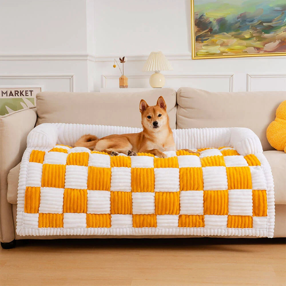 Cosy-Checkered Plush Dog Bed Sofa Protector with Bolster | For Smaller Dogs & Cats 3
