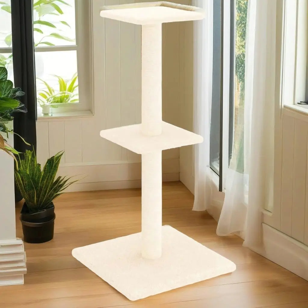 Aesthetic Beige Cat Tree Scratching Post with 2 Perches 6
