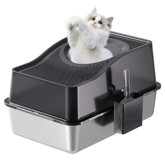 Enclosed Cat Litter Box with Stainless Steel Tray & Removable Top | Scoop & Holder Included 1