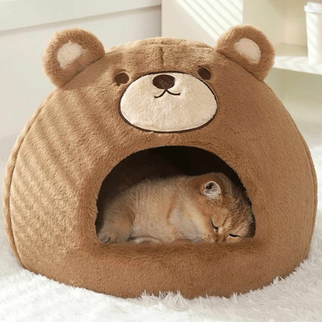 Cute Bear Semi-Enclosed Cat Bed House 1
