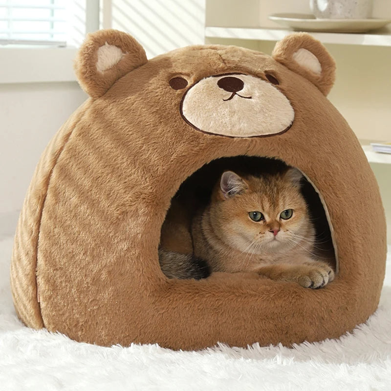 Cute Bear Semi-Enclosed Cat Bed House 3