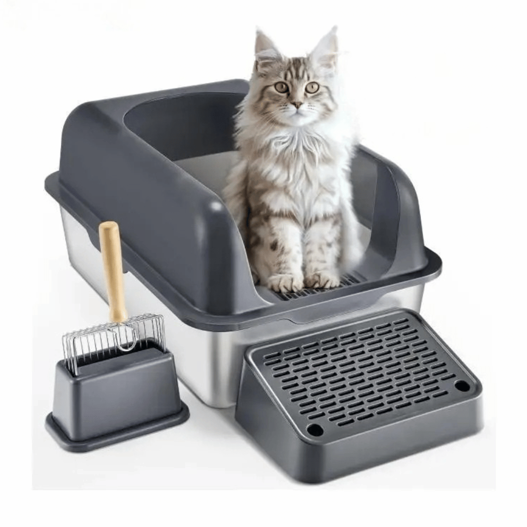 High Wall Cat Litter Box with Stainless Steel Tray & Clever Step 1