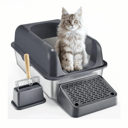 High Wall Cat Litter Box with Stainless Steel Tray & Clever Step 1