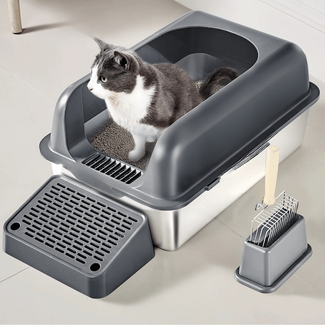 High Wall Cat Litter Box with Stainless Steel Tray & Clever Step 2