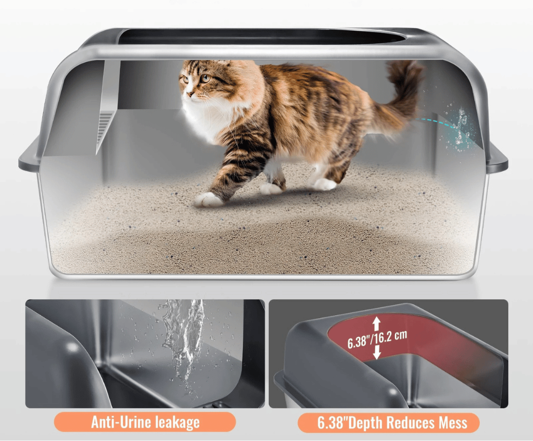 High Wall Cat Litter Box with Stainless Steel Tray & Clever Step 3