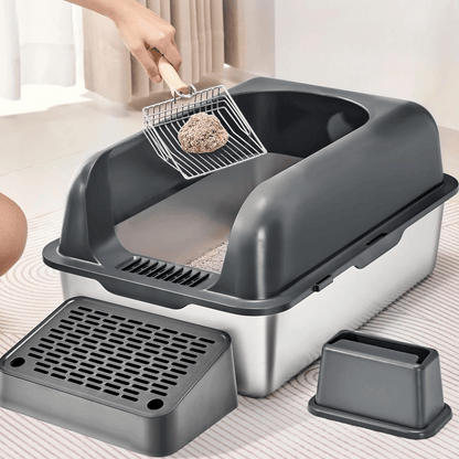 High Wall Cat Litter Box with Stainless Steel Tray & Clever Step 4