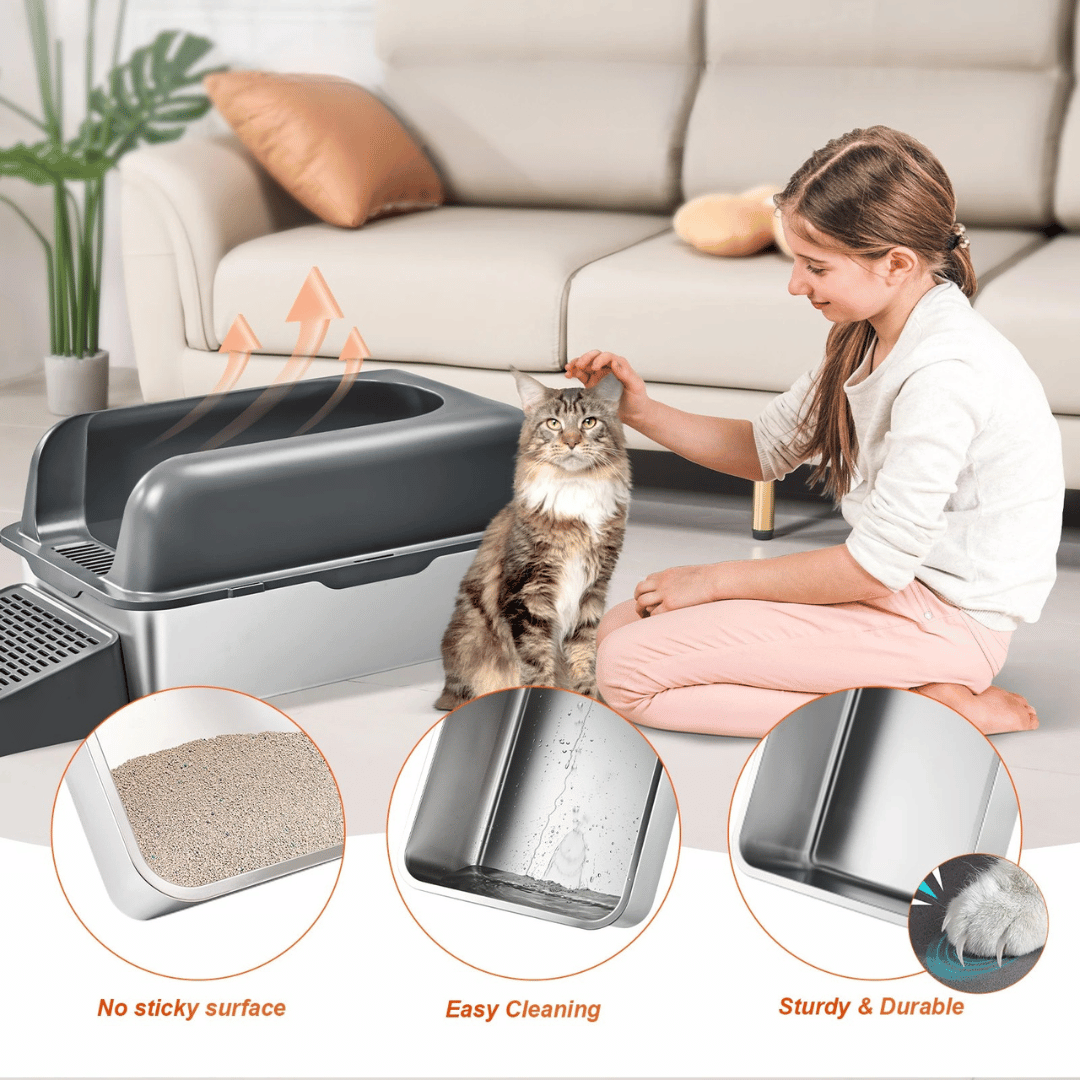 High Wall Cat Litter Box with Stainless Steel Tray & Clever Step 6