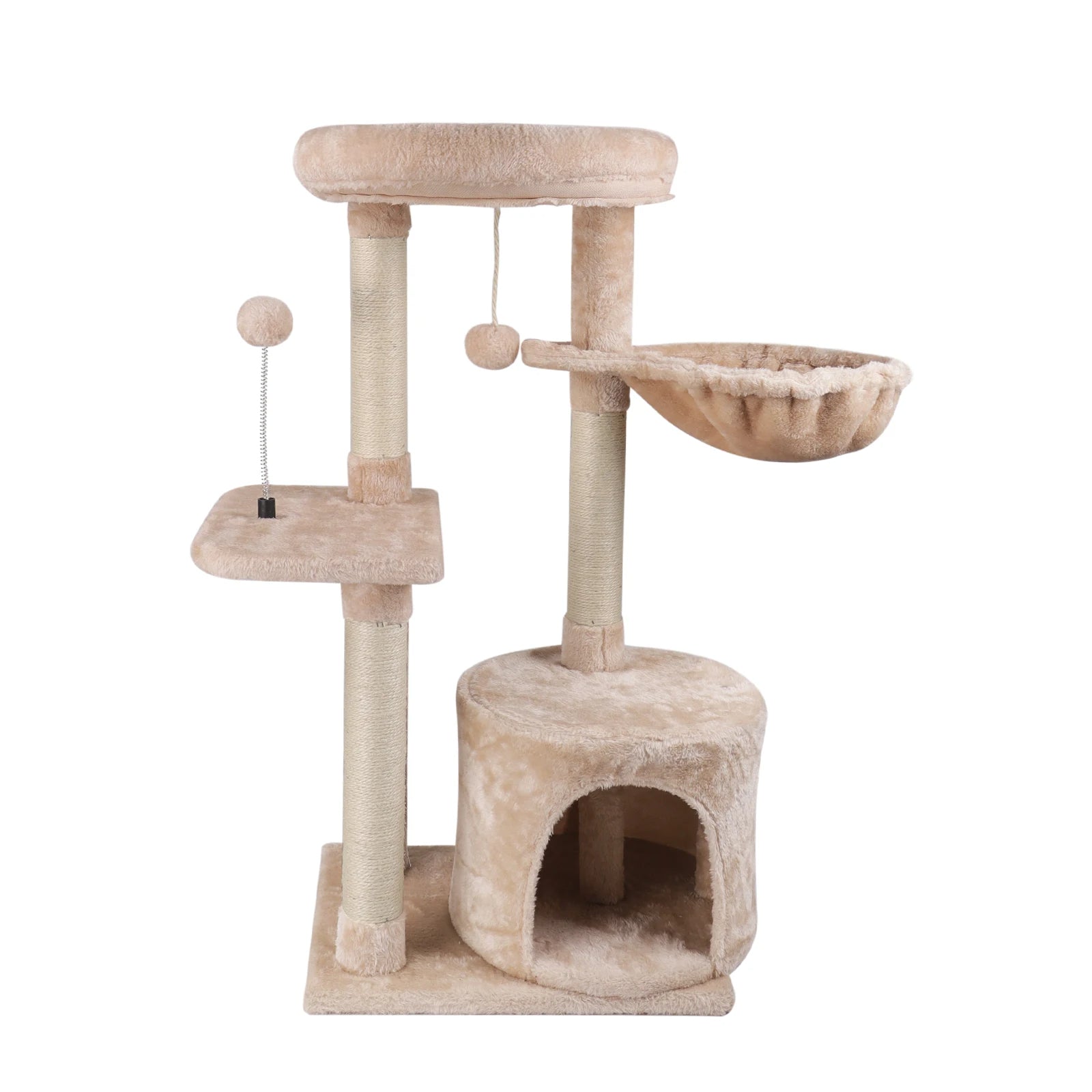 Plush Beige Cat Tree with Bolstered Perch, Condo & Basket 1