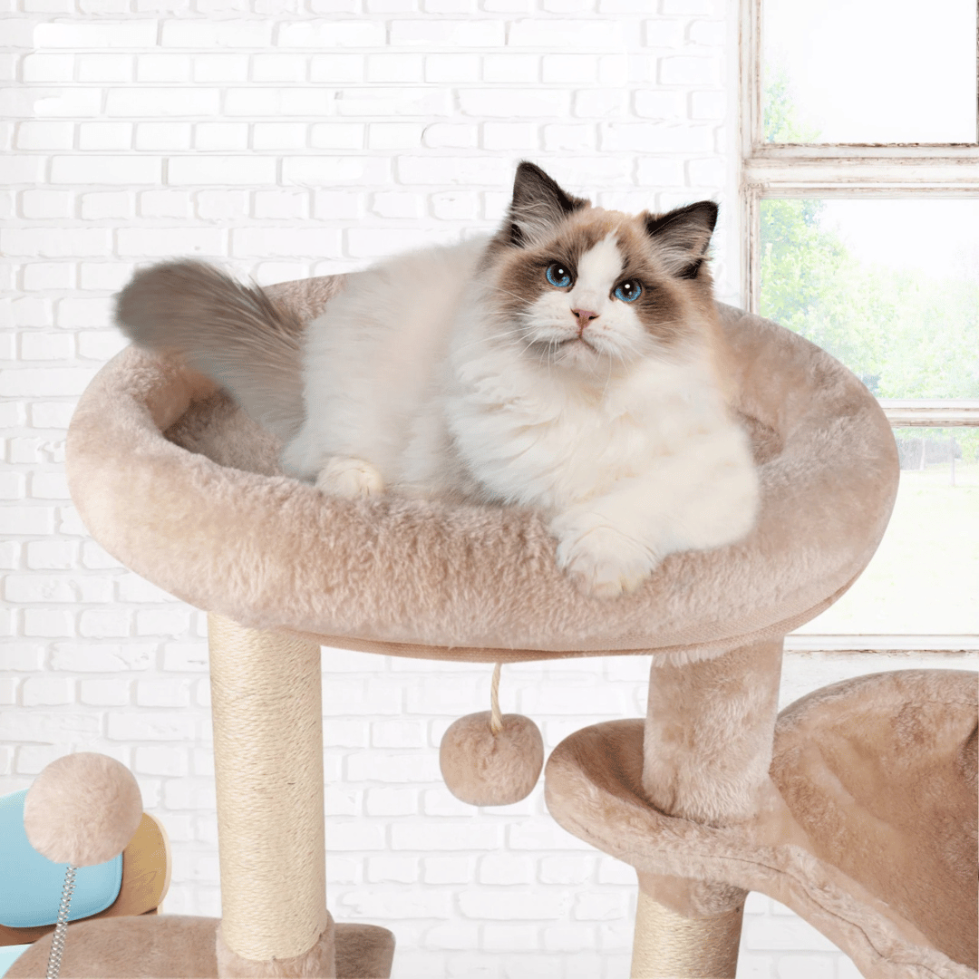 Plush Beige Cat Tree with Bolstered Perch, Condo & Basket 2
