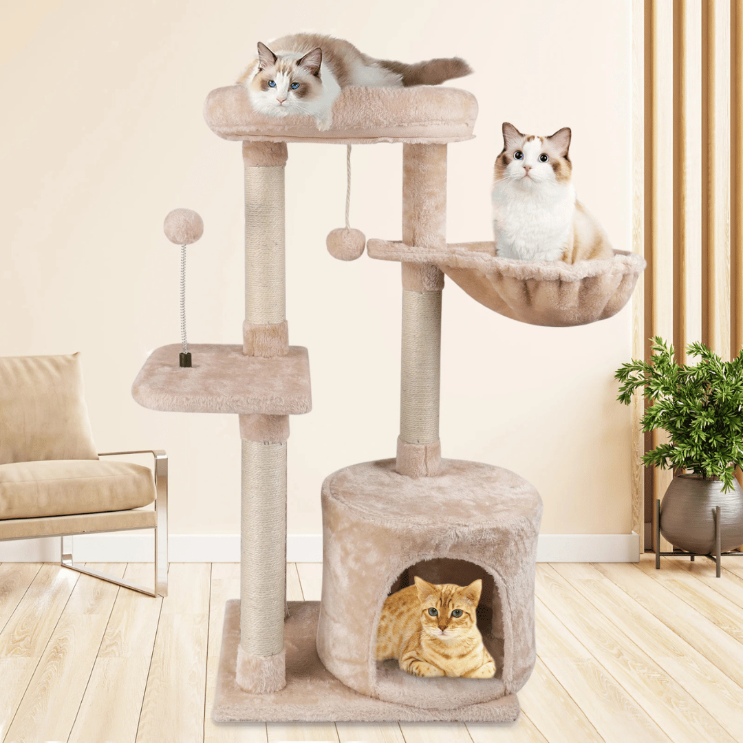 Plush Beige Cat Tree with Bolstered Perch, Condo & Basket 3