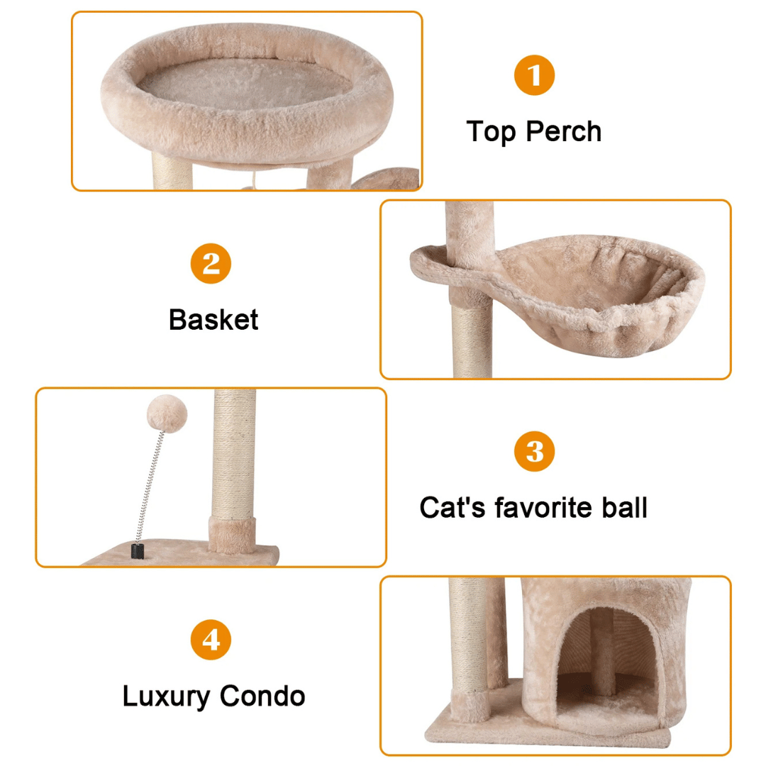 Plush Beige Cat Tree with Bolstered Perch, Condo & Basket 5