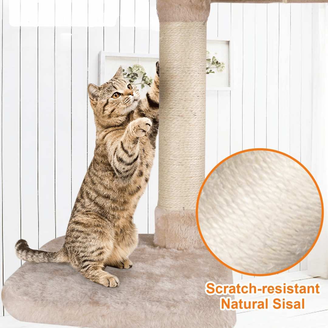 Plush Beige Cat Tree with Bolstered Perch, Condo & Basket 6