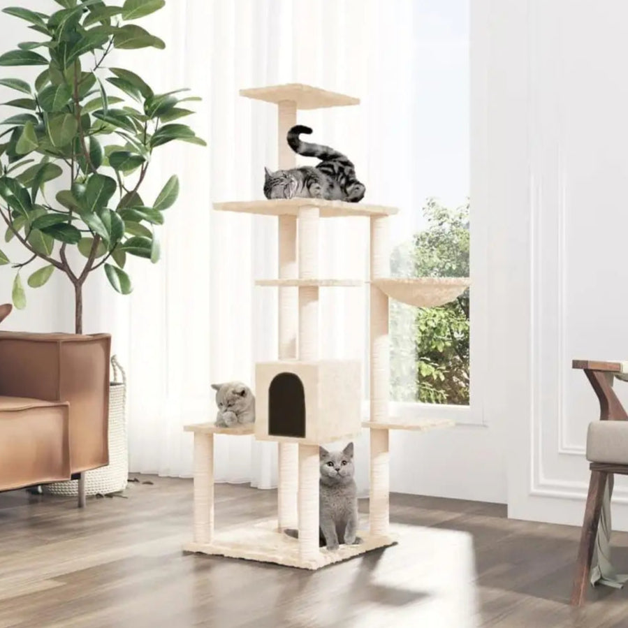 Plush Beige Multi-Perch Cat Tree with Condo, Basket & Scratching Posts 2