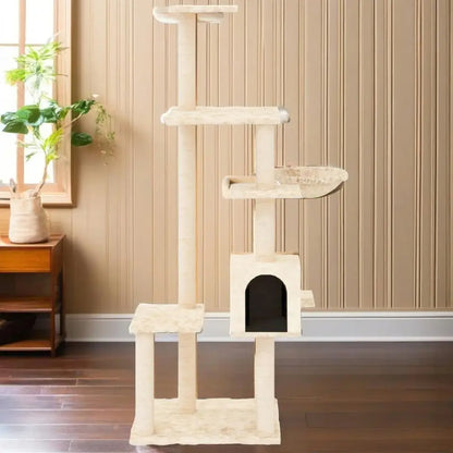 Plush Beige Multi-Perch Cat Tree with Condo, Basket & Scratching Posts 5