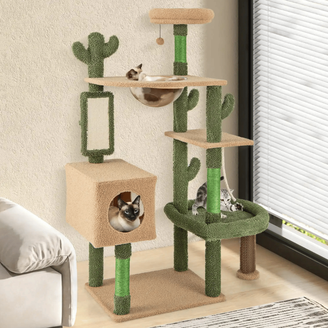 Plush Cactus Cat Tree Play Tower with Nest & Perches 3
