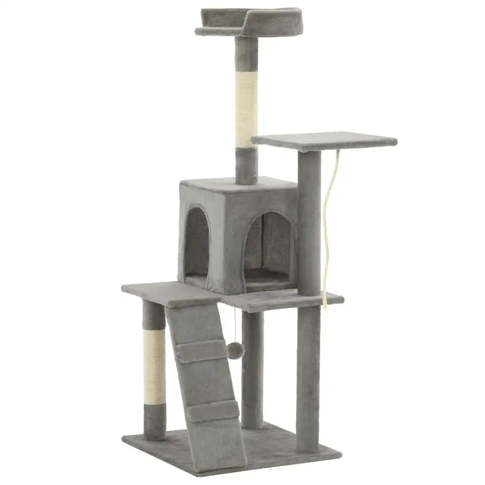 Plush Grey Cat Tree Tower with Condo, Ramp & Perches 1