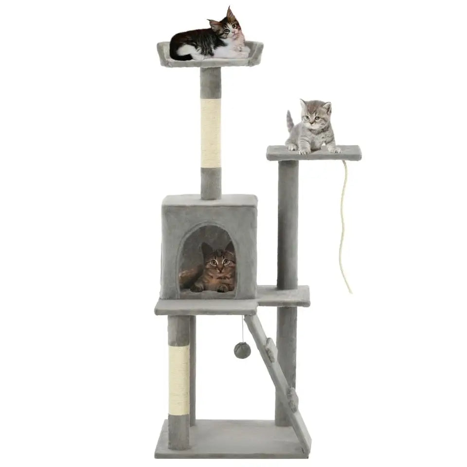 Plush Grey Cat Tree Tower with Condo, Ramp & Perches 3