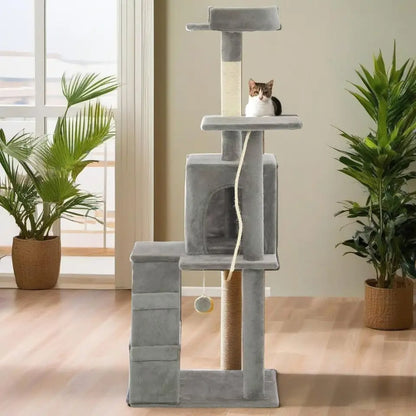 Plush Grey Cat Tree Tower with Condo, Ramp & Perches 4