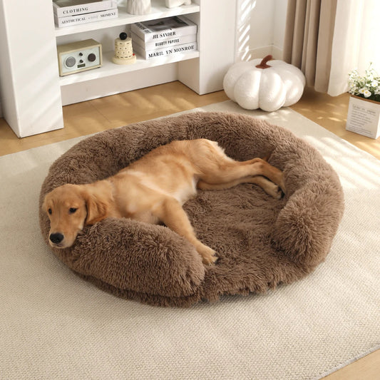 Plush Round Dog Bed with Bolster for Anti-Anxiety & Head Support 1