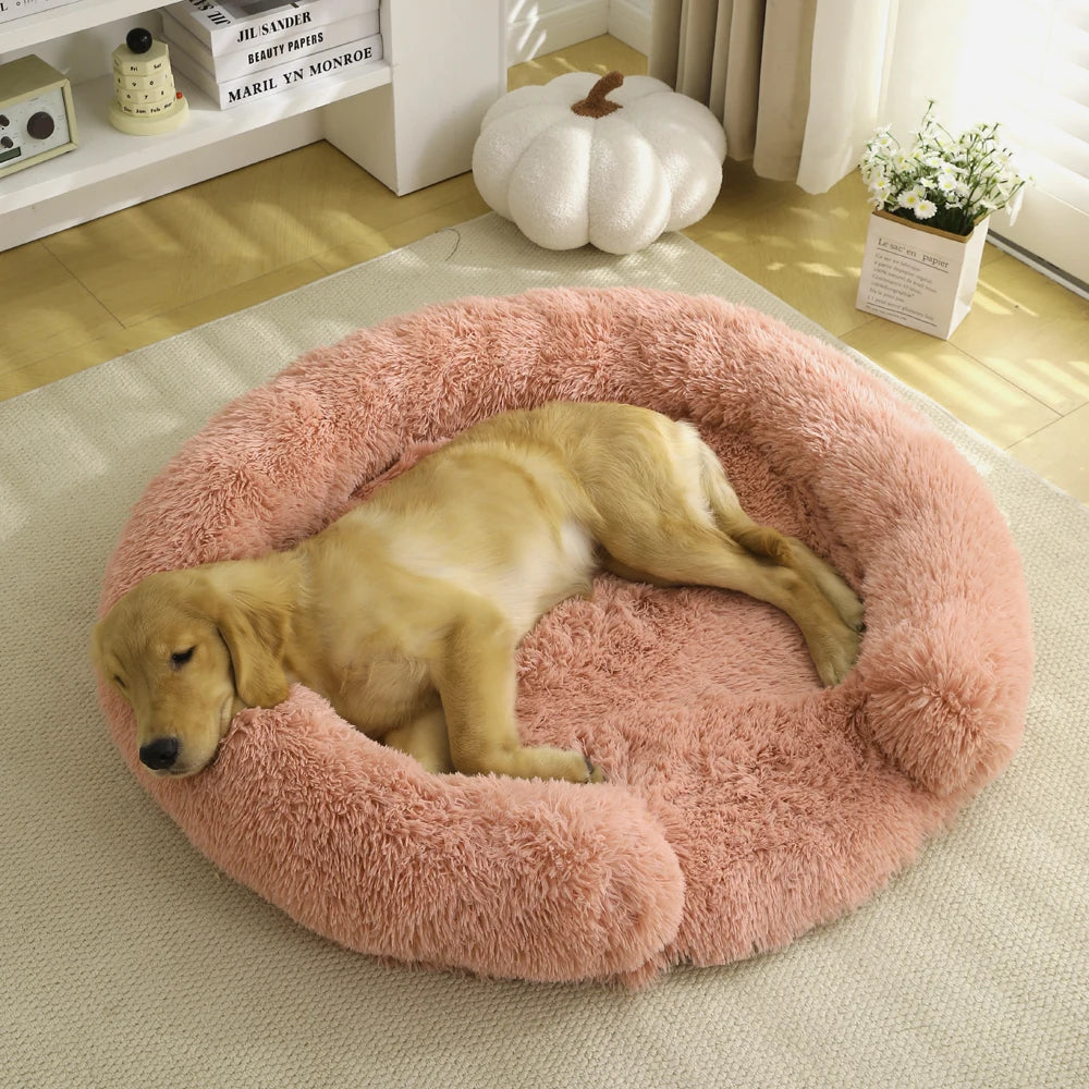 Plush Round Dog Bed with Bolster for Anti-Anxiety & Head Support 10