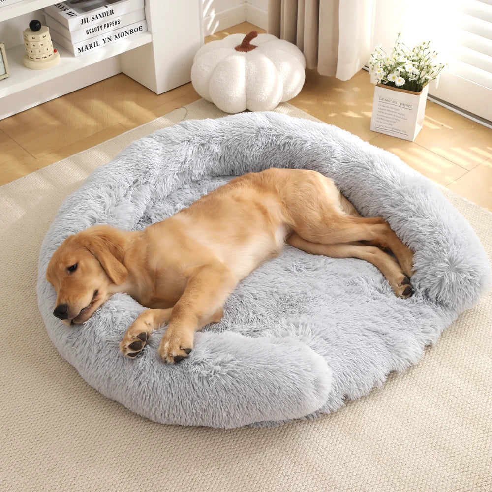 Plush Round Dog Bed with Bolster for Anti-Anxiety & Head Support 2