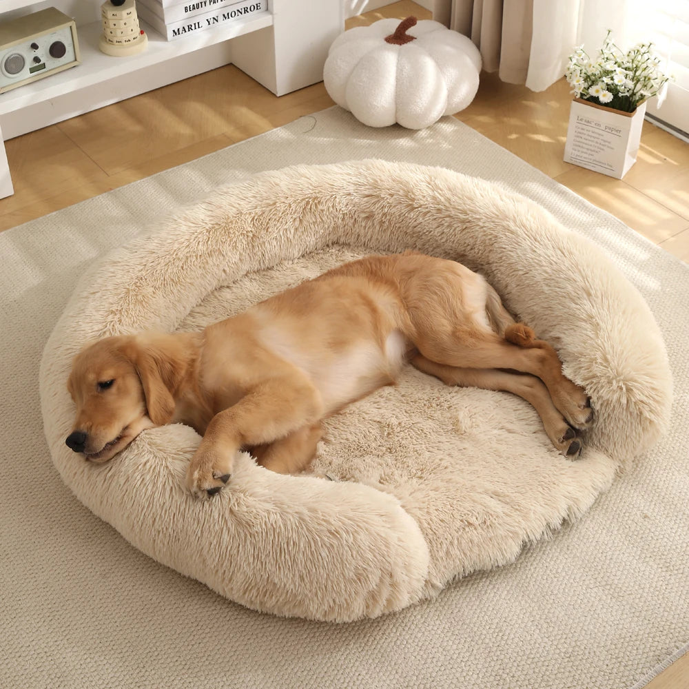 Plush Round Dog Bed with Bolster for Anti-Anxiety & Head Support 4