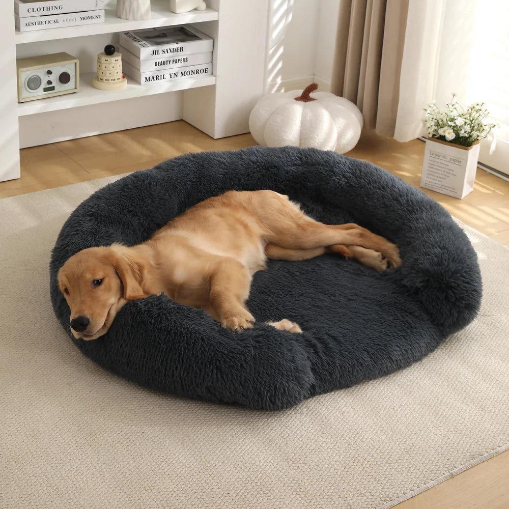 Plush Round Dog Bed with Bolster for Anti-Anxiety & Head Support 5