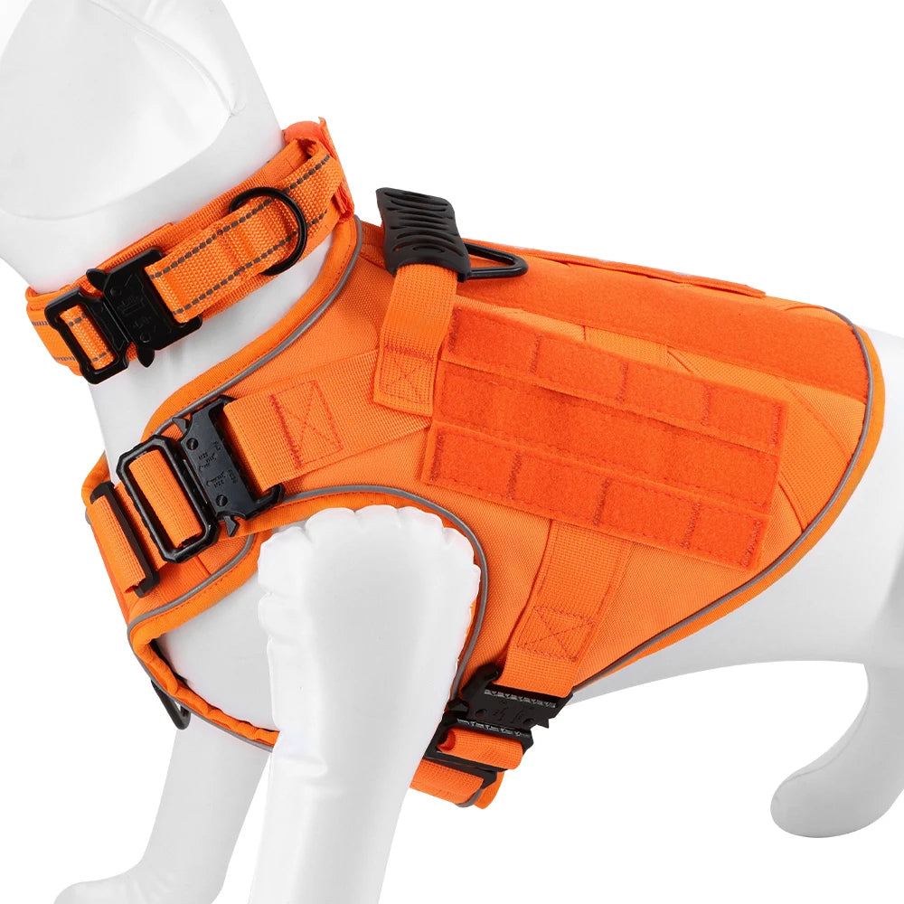 Reflective Orange Dog Harness with Collar, Leash & Pouch Set Options | Tactical Dog Training Vest 13