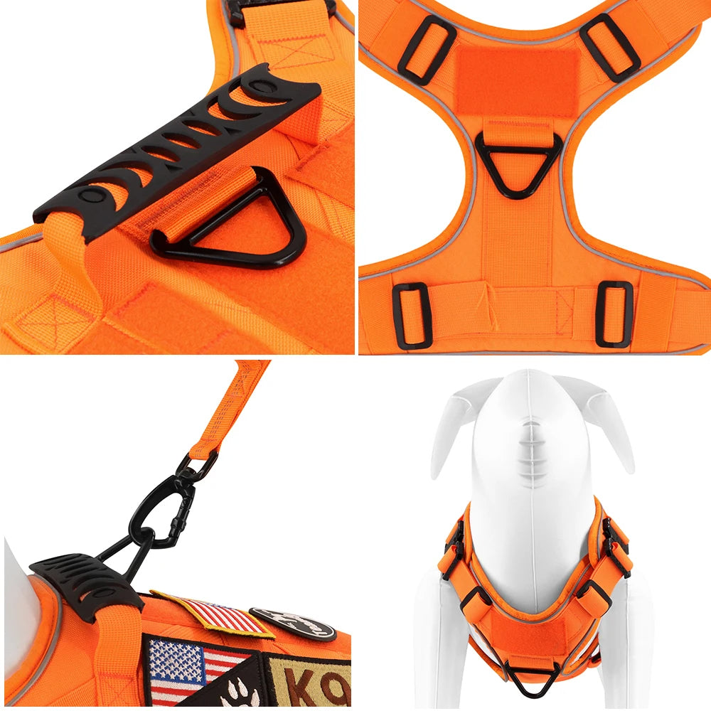 Reflective Orange Dog Harness with Collar, Leash & Pouch Set Options | Tactical Dog Training Vest 14