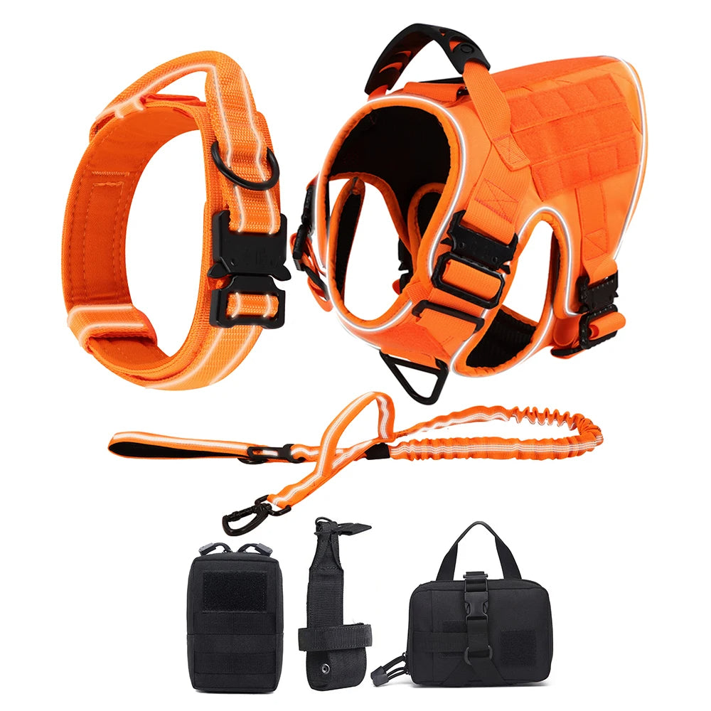 Reflective Orange Dog Harness with Collar, Leash & Pouch Set Options | Tactical Dog Training Vest 6