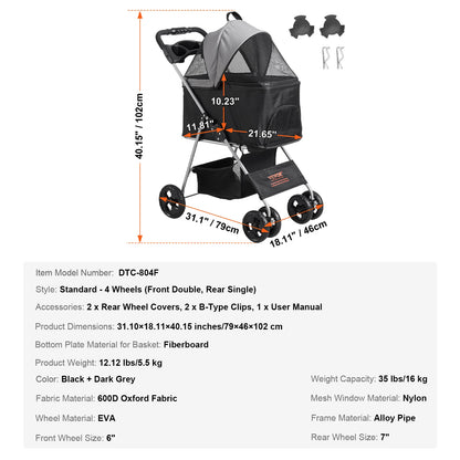 Small Dog 3-In-1 Quick-Folding Dog Stroller with Detachable Carry Basket for Car Travel 7