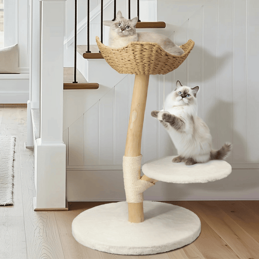 Solid Wood Cat Tree Tower with Stable Basket, Perch & Scratching Post 1