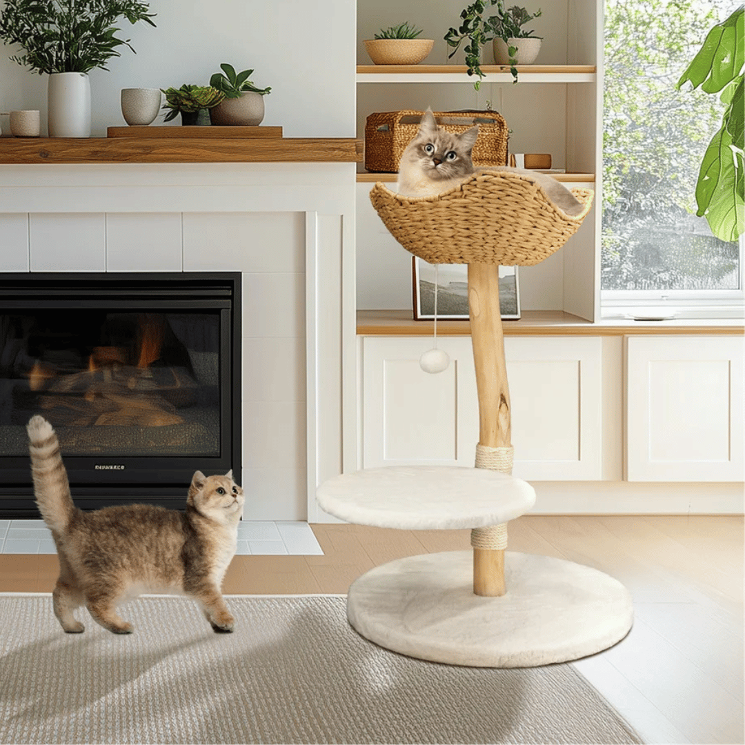 Solid Wood Cat Tree Tower with Stable Basket, Perch & Scratching Post 10