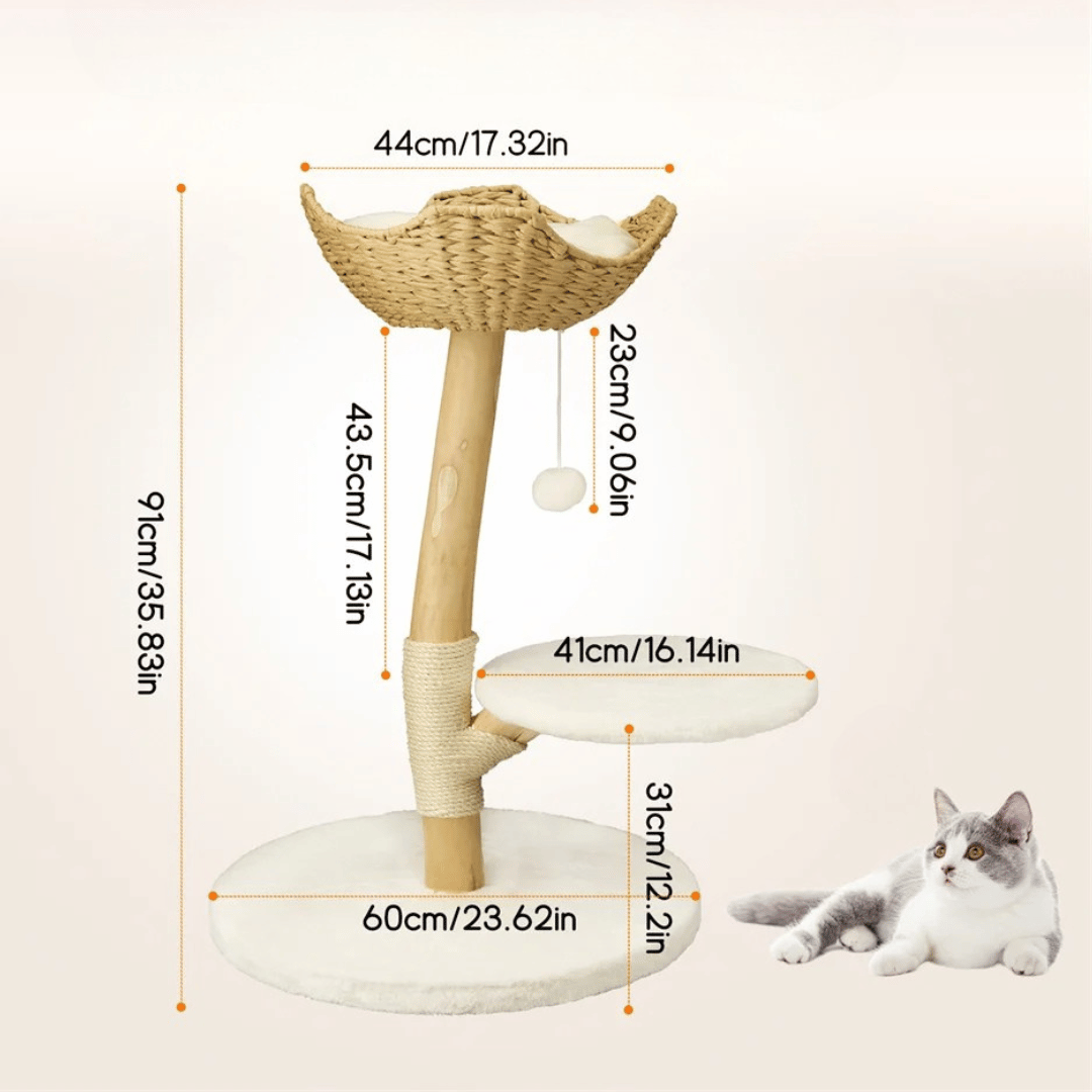 Solid Wood Cat Tree Tower with Stable Basket, Perch & Scratching Post 11