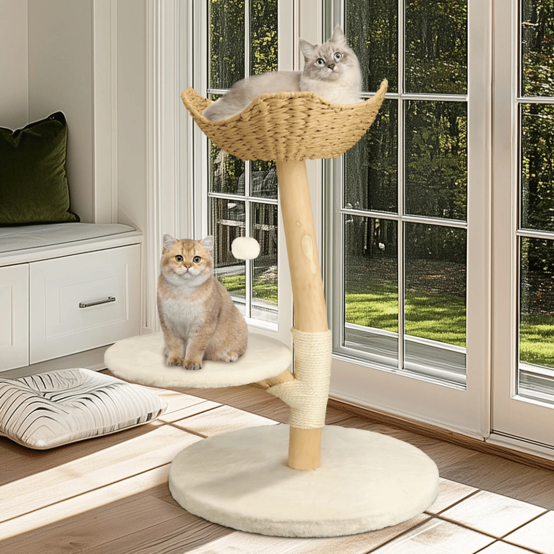 Solid Wood Cat Tree Tower with Stable Basket, Perch & Scratching Post 3