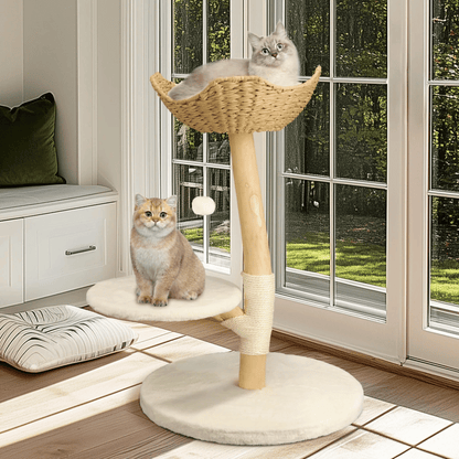 Solid Wood Cat Tree Tower with Stable Basket, Perch & Scratching Post 3