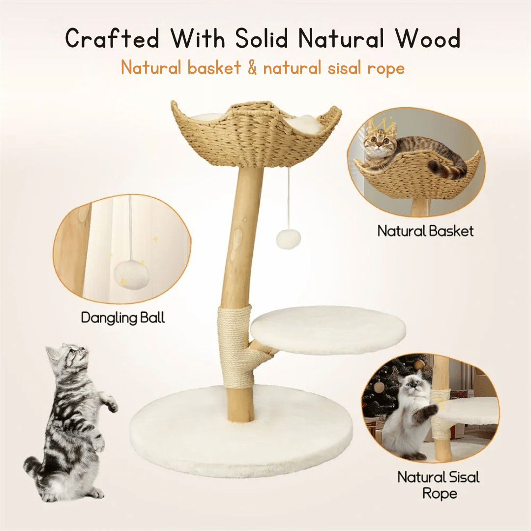 Solid Wood Cat Tree Tower with Stable Basket, Perch & Scratching Post 4
