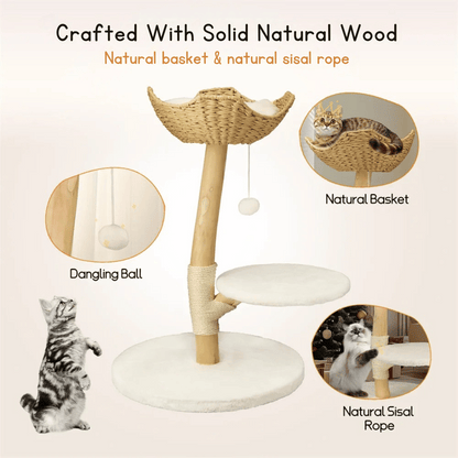 Solid Wood Cat Tree Tower with Stable Basket, Perch & Scratching Post 4