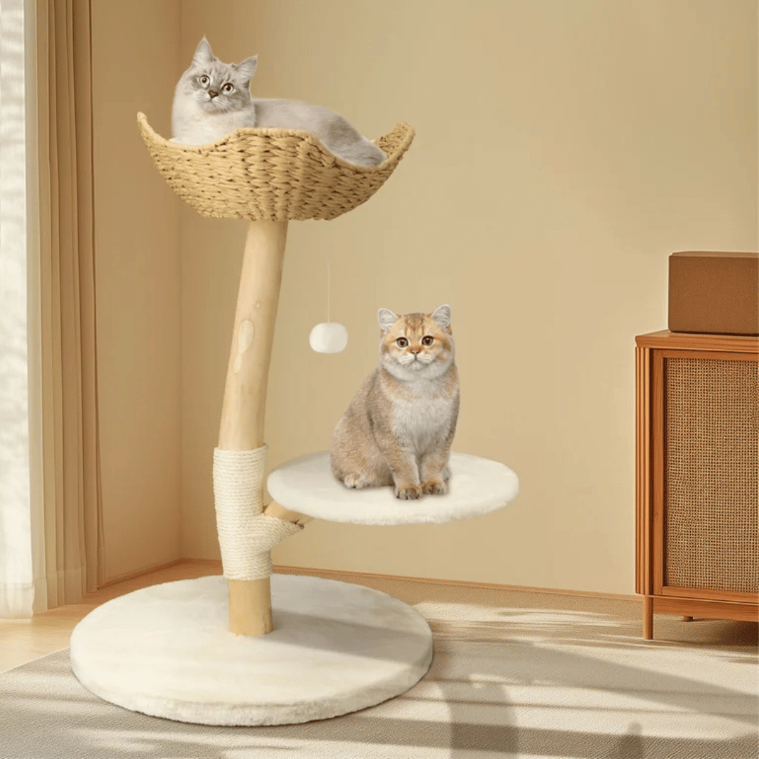 Solid Wood Cat Tree Tower with Stable Basket, Perch & Scratching Post 9