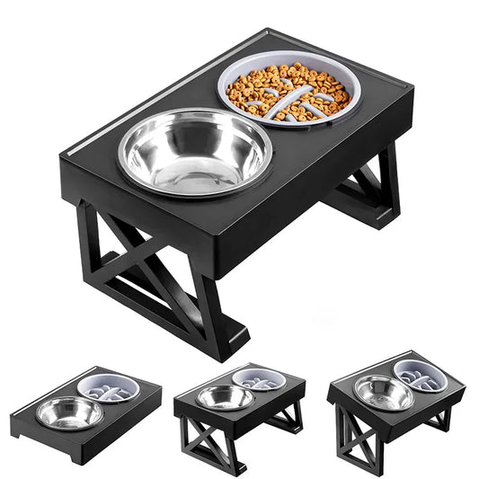 Adjustable Height & Tilt Raised Dog Bowl Stand with Stainless Steel & Slow-Feeding Dog Bowls 1